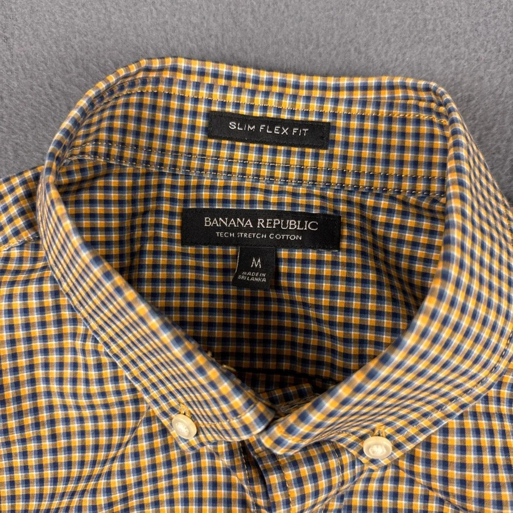 Banana Republic Shirt Men's M Yellow Blue Gingham Slim Flex Fit Tech Stretch